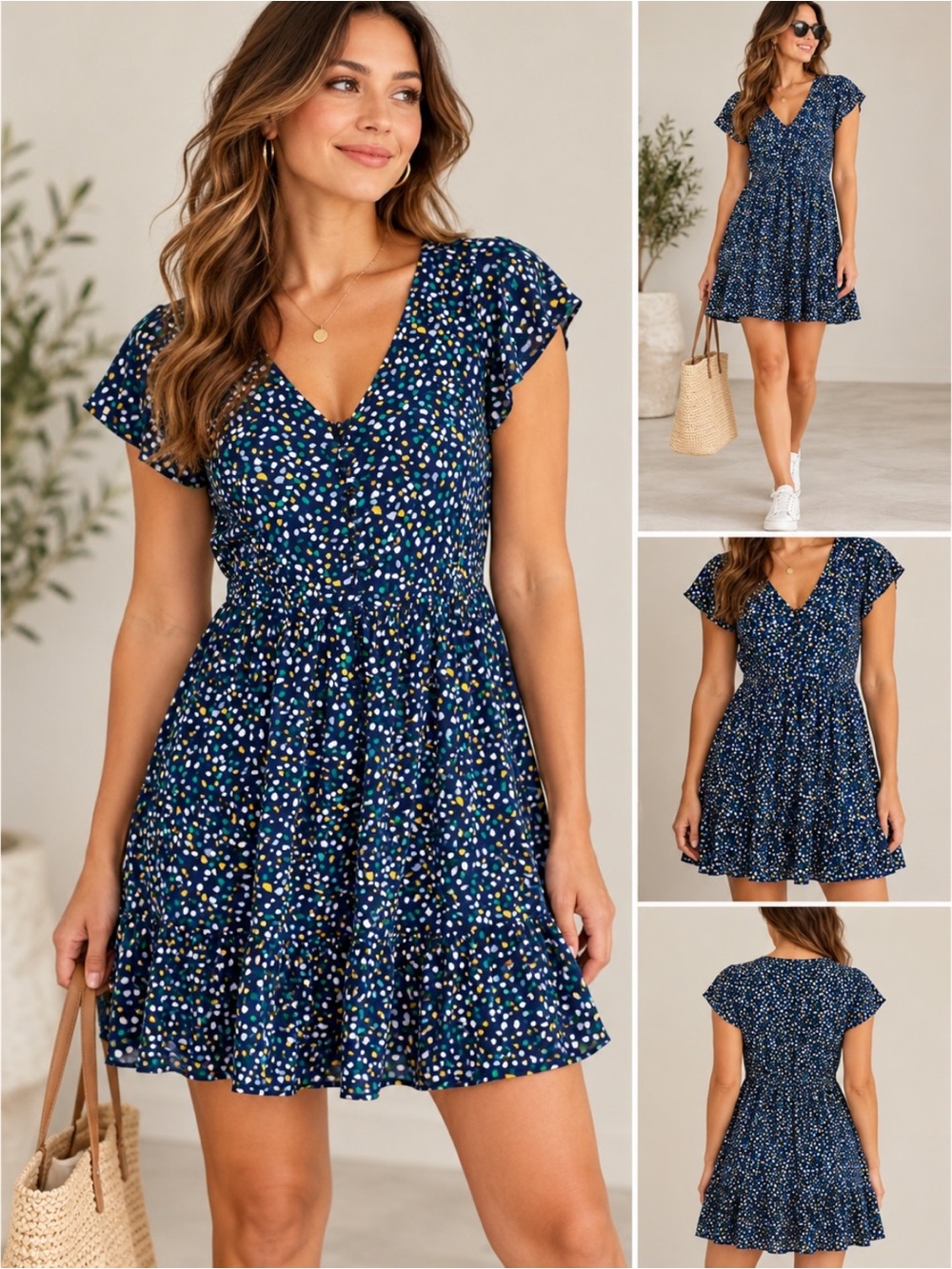 Banana Republic Confetti Print Tiered Mini Dress S Navy Blue V-Neck Button Front